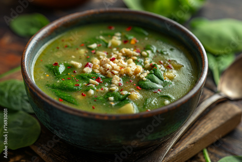 Bowl of spinach soup with chil pods and almonds.