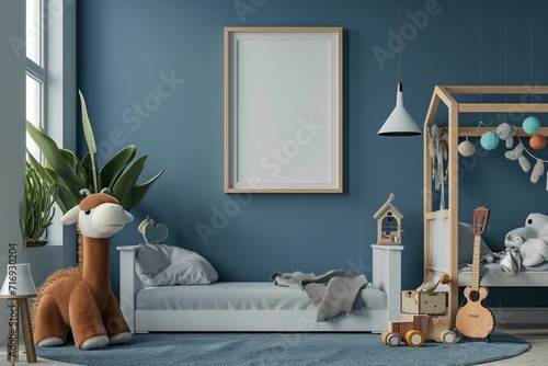 Creative composition of child room interior with mock up poster frame, cozy bed, stylish rack, blue wall, rack with toys, plush lama, gray lamp, guitar and personal accessories. Home decor. Template photo
