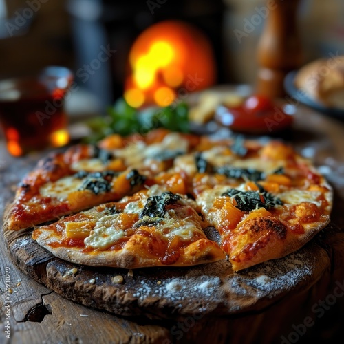 Four Cheese Pizza in front of the stove. pizza oven, close-up, selective focus. Quattro Formaggi Pizza. Four cheese Pizza. Cheese Pull. Pizza on a Background with copyspace.