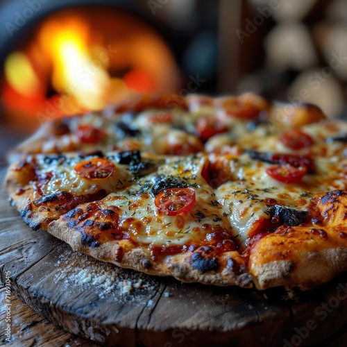 Four Cheese Pizza in front of the stove. pizza oven  close-up  selective focus. Quattro Formaggi Pizza. Four cheese Pizza. Cheese Pull. Pizza on a Background with copyspace.