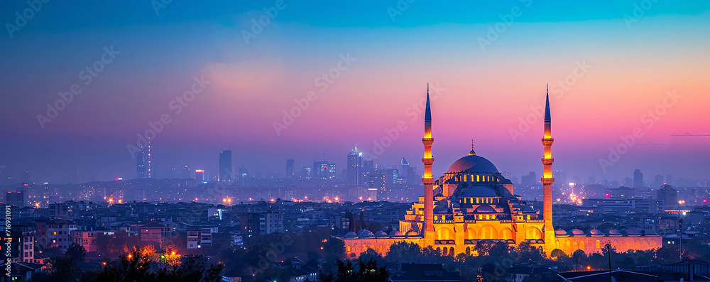 Illuminated mosque under a twilight sky with a glowing crescent moon reflected in tranquil waters,
Twilight Mosque,symbol islamic religion Ramadan and free space , 
Eid al-Adha, Eid al-fitr, Mubarak