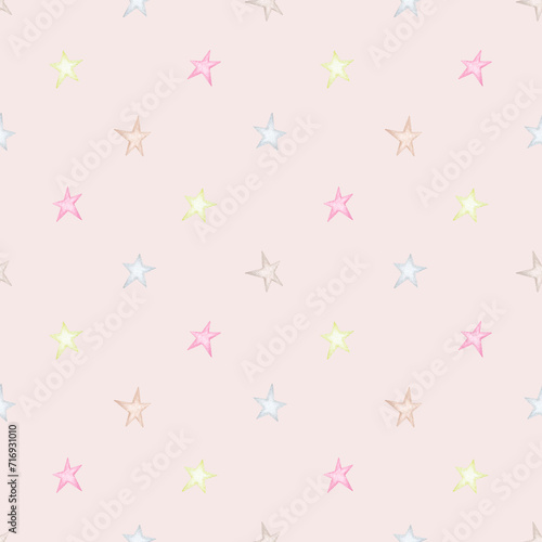 Delicate stars on a beige background. Seamless watercolor pattern. Children's party, baby shower, birthday. Design for wallpaper, cards, wrapping paper, stationery.