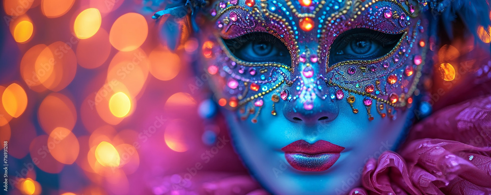Venetian mask at a Carnival party, detailed craftsmanship, vibrant colors against the background of blurred party lights,
 The mask's intricate patterns and jewels catch the light Beautifully 