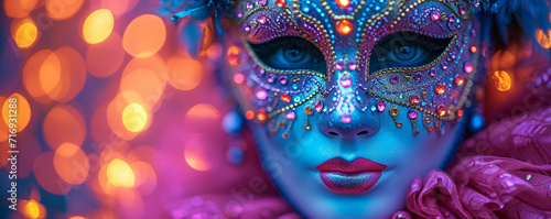 Venetian mask at a Carnival party, detailed craftsmanship, vibrant colors against the background of blurred party lights, The mask's intricate patterns and jewels catch the light Beautifully 
