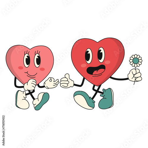 Retro heart character. Heart and Love shape with cute cartoon face. Vector illustration.