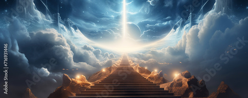 Stairs to Doors Paradise: Architectural Journey into a Mystical Wonderland, Discover the Enchanting Pathway, 
on religions Faith, forgiveness to God, Heavenly gate  sunbeam gold motivation imagination photo