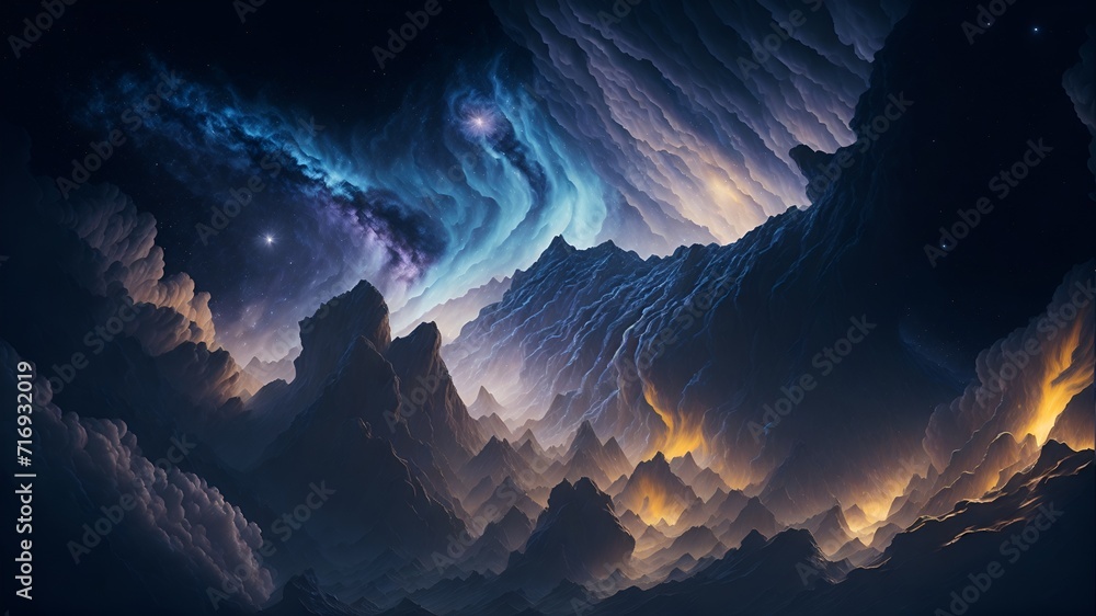 A mesmerizing cosmic scene unfolds before our eyes in this surreal image. Against a backdrop of velvety darkness,
