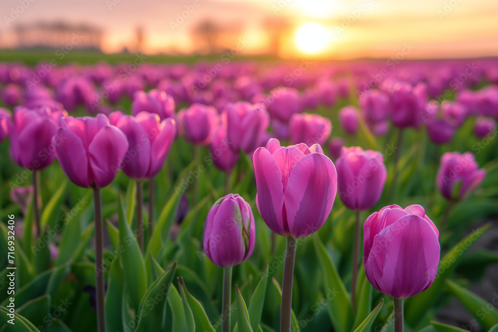 Obraz premium A field of purple tulips against the backdrop of the setting sun