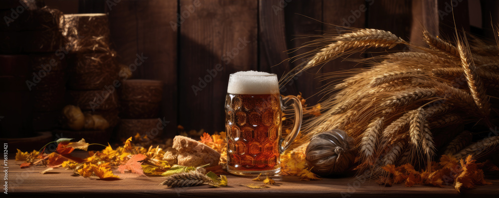 Fresh beer glass on wooden table. Wheat and old barrel behind beer. Fresh beer glass on wooden table. Wheat and old barrel behind beer.
