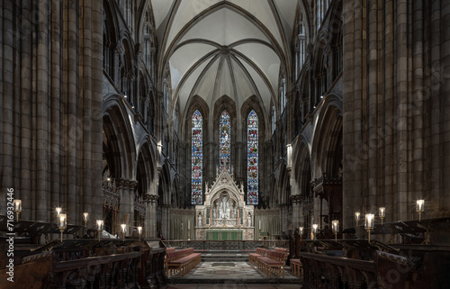 Interior view of St Mary's Episcopal Cathedral or the Cathedral Church of Saint Mary the Virgin. is a cathedral of the Scottish Episcopal Church in Edinburgh, Space for text.