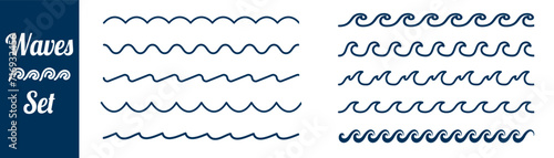Waves line set. Seamless vector marine wave decoration background. © Ira