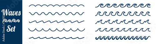 Waves line set. Seamless vector marine wave decoration background.
