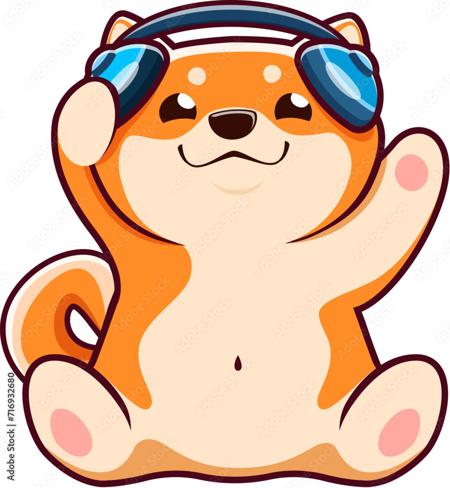 Naklejka premium Cartoon kawaii shiba inu dog character listening music with headphones, vector pet animal personage. Cute puppy of japanese shiba inu personage with headset, happy smiling face, funny brown dog emoji
