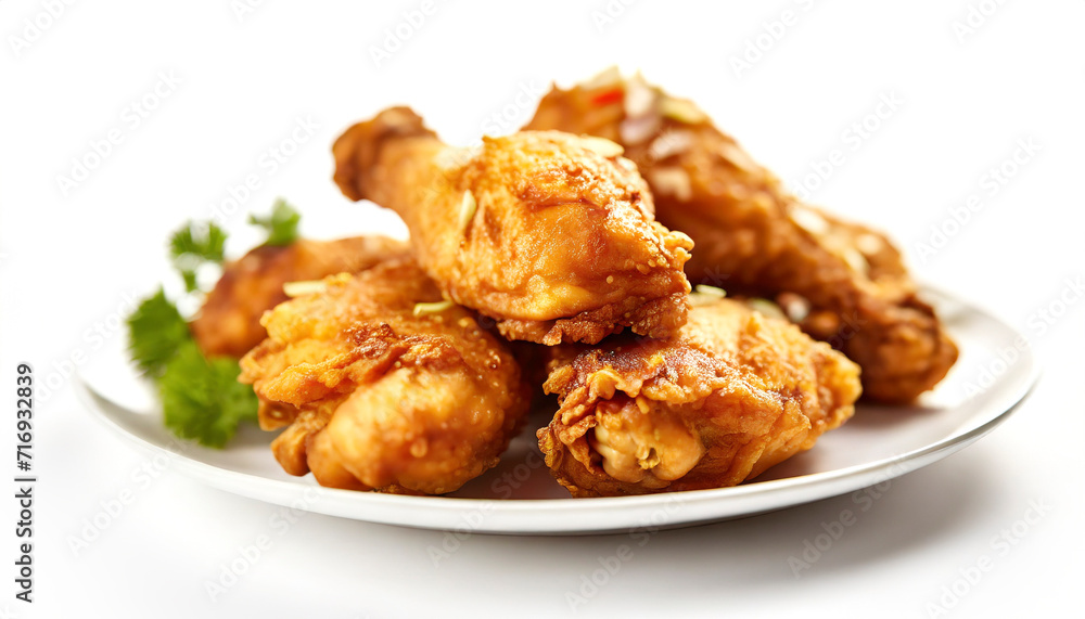 Fried chicken drumsticks on a plate isolated on white background.