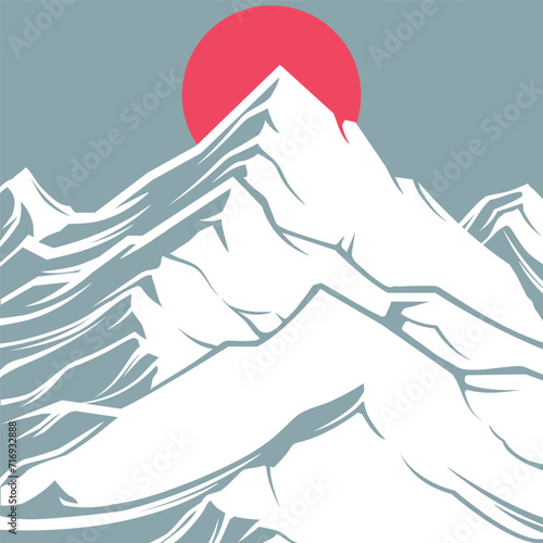 Mountains and red sun in the sky. Vector illustration for your design