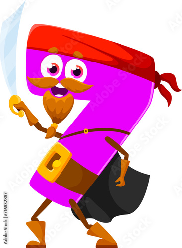 Cartoon funny number 7 pirate or corsair character in captain bandana with sword, isolated vector. Number seven in costume of pirate or marine filibuster and buccaneer sailor for kids mathematics