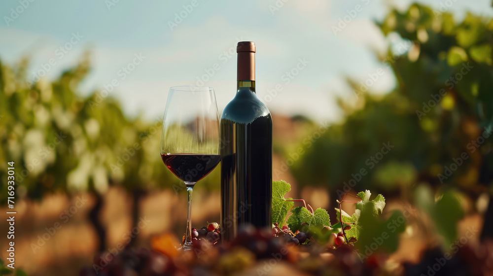 Generative AI, red wine bottle mock up with wine glass on vineyard landscape in the sunshine, copy space and place for logo	
