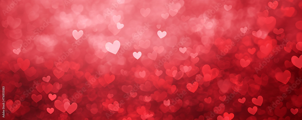 Valentine's day abstract background with red hearts bokeh defocused lights.Romantic red bokeh background with hearts for Valentine's Day celebration and christmas decoration. - obrazy, fototapety, plakaty 