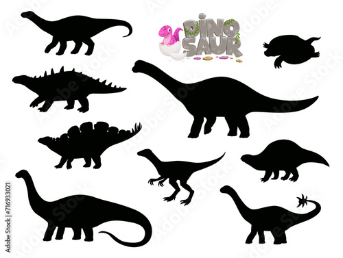 Cartoon dinosaur characters silhouettes. Eoraptor  Lotosaurus  Apatosaurus and Polacanthus  Wuerhosaurus  Haplocanthosaurus Jurassic era cute reptile  prehistoric lizard isolated vector silhouettes