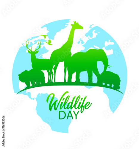 World wildlife day holiday celebration banner or poster with grizzly bear, deer and giraffe, elephant, hippopotamus wild animals green silhouettes on background of planet Earth blue globe vector