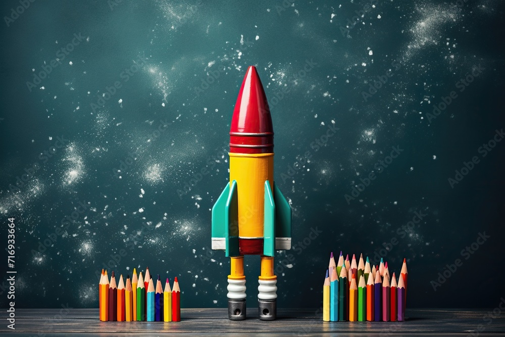 A rocket made of school supplies on black chalkboard background. Copy space. Preparation for school. The concept of Back to School. A rocket made of school supplies on black chalkboard background. Copy space. Preparation for school. The concept of Back to School.