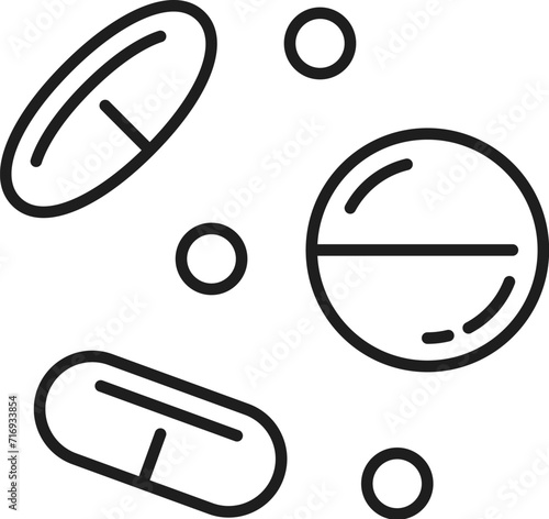 Pharmacy pills line icon of medication tablets and pharmaceutical medicines, outline vector. Medical pills outline pictogram for drug store medication prescription and healthcare treatment