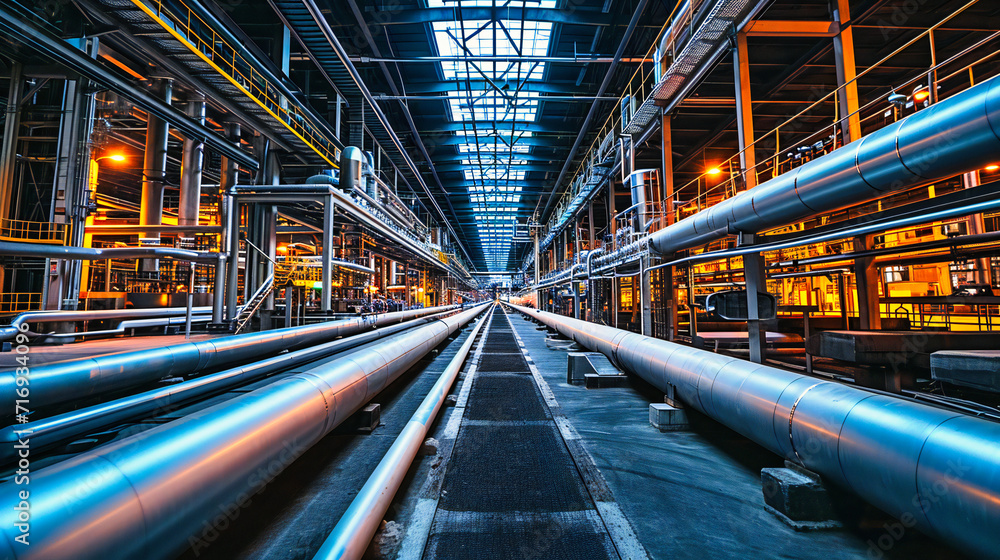 Energy Production: Industrial Factory with Steel Pipes and Machinery, Emphasizing Power Generation Energy Production: Industrial Factory with Steel Pipes and Machinery, Emphasizing Power Generation