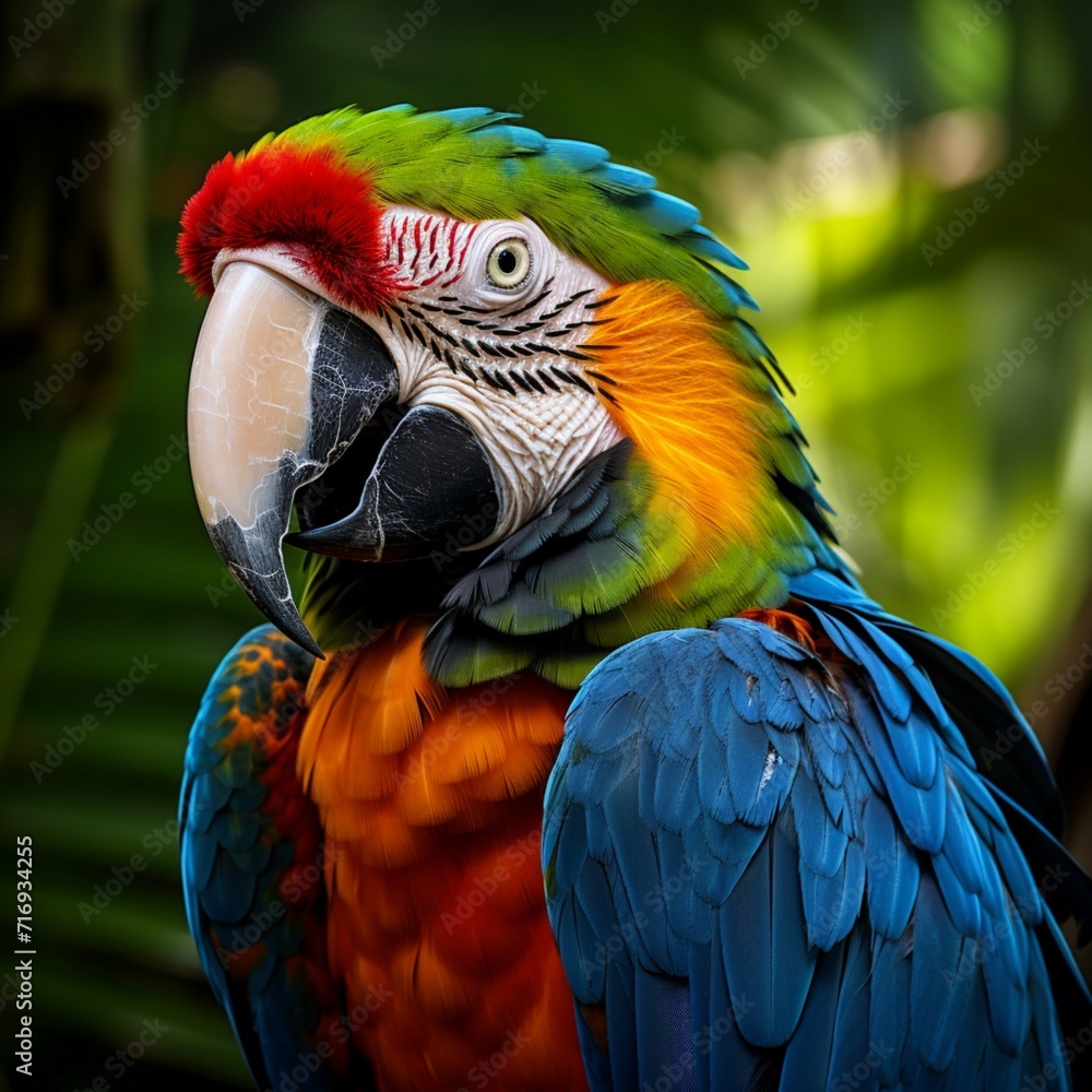 Obraz premium A parrot's gorgeous plumage in bright blue and green colors Ai generated art