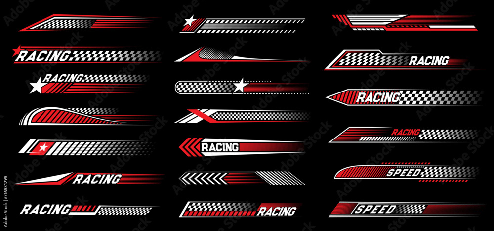Red race sport car stripe stickers and racing line decals, vector speed auto art. Car race decals stickers with checkered flag for rally ride, drag racing and drift with arrow and stars - obrazy, fototapety, plakaty 