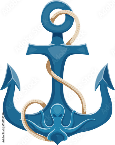 Cartoon pirate ship anchor. Isolated vector formidable armature adorned with octopus engraving and rope, heavy relic of the high seas. Its massive flukes evoke tales of plunder and maritime adventures