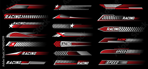 Red race sport car stripe stickers and racing line decals, vector speed auto art. Car race decals stickers with checkered flag for rally ride, drag racing and drift with arrow and stars photo