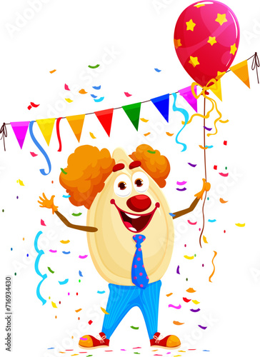 Cartoon pumpkin seed character on holiday and birthday. Isolated vector seed wear costume of clown with balloon, brings joy to a party with his nutty antics, adds a touch of whimsy to the celebration