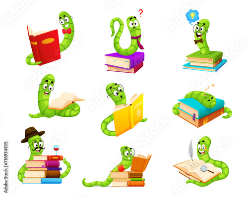 Cartoon bookworm characters. Funny cute book worm animals, green caterpillar or earthworm vector personages reading, studying, sleeping, writing and drawing with glasses, quill pen, magnifying glass