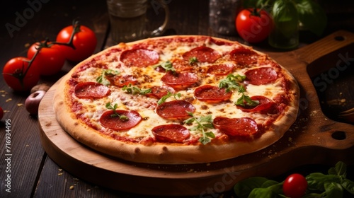 Delicious mouth-watering cheese pizza with pepperoni sausages on a wooden table in a home kitchen. Italian food restaurant.