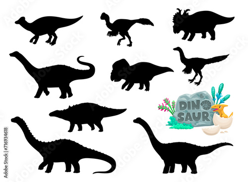 Cartoon dinosaurs funny characters silhouettes. Jurassic era dinosaur vector cute mascot. Protoceratops  Jaxartosaurus  Quaesitosauru and Magyarosaurus  Opisthocoelicaudia  Struthiosaurus personage