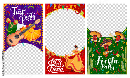 Mexican fiesta social media template banners. Hispanic culture traditional festival fiesta party cartoon vector banners with mariachi chilli characters, flamenco dancer woman and musical instruments photo