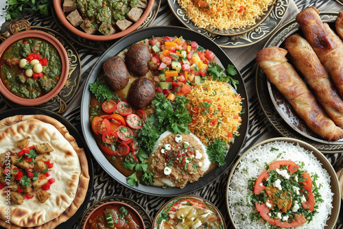 A table full of various dishes including bowls of dips, kebabs, and bread. photo