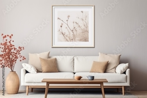 Modern living room interior with white sofa, coffee table and mock up poster frame. © P