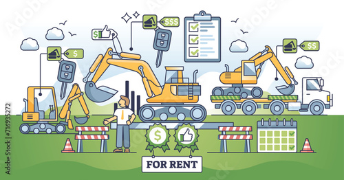 Excavator rental service with heavy machinery showroom outline concept. Company with industrial bulldozer rent or selling service vector illustration. Mechanic vehicle lease for work at building site