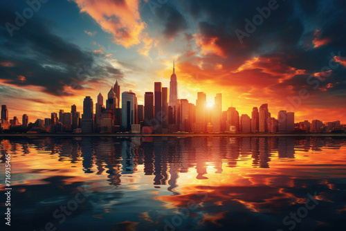 The New York City skyline at sunset, with the sun's rays beaming through the buildings and reflecting off the water. The colors of the sky and buildings complement each other, creating a beautiful and