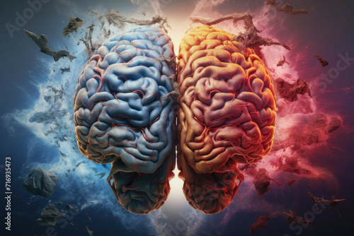 A brain with two halves, one side representing creativity and the other representing logic, surrounded by a swirling mix of colors, shapes, and textures