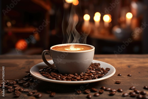 An espresso coffee cup filled with freshly roasted coffee beans placed on a vintage wooden table in a cozy cafe interior with a warm and inviting atmosphere