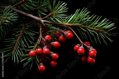 A Christmas tree branch with red berries and pine needles against a plain black background