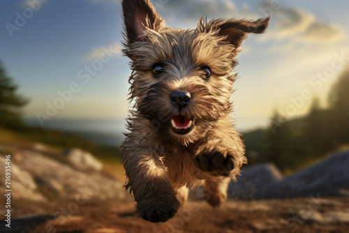 A Cairn Terrier puppy running towards the camera, its fur flying in the wind and its tongue sticking out in excitement. Its little legs are moving at full speed, eager to get closer to the viewer