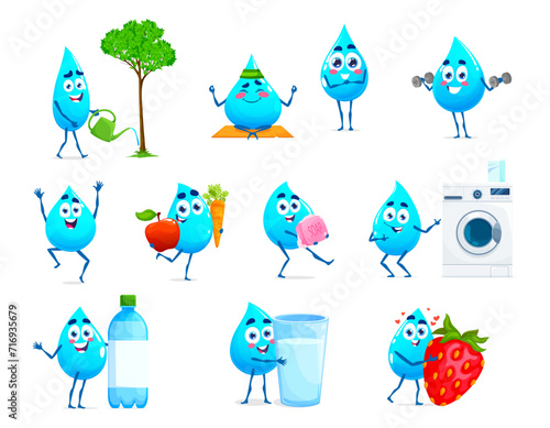 Cartoon cheerful and happy water drop characters. Fresh drink droplet, clean water drop or blue drip funny vector mascot. Pure aqua cheerful personage watering tree, doing yoga and carrying veggies