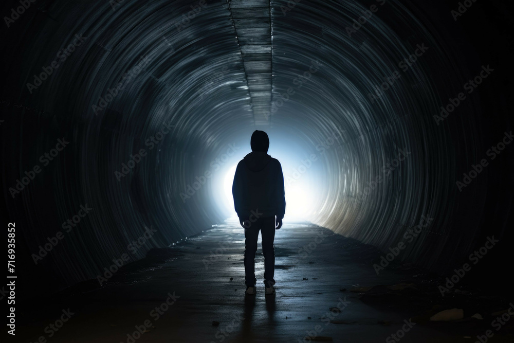 A teenage boy walking in a tunnel, feeling isolated and alone A teenage boy walking in a tunnel, feeling isolated and alone