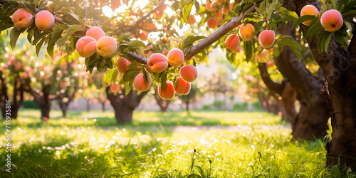 Ripe sweet peaches growing on a peach tree in the garden. Close-up of peaches and peach trees in sunlight photo