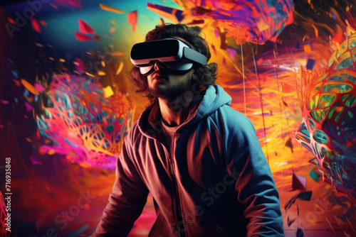 Man wearing VR glasses exploring a virtual world