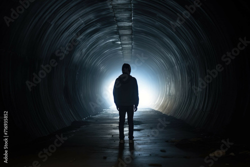 A teenage boy walking in a tunnel, feeling isolated and alone photo