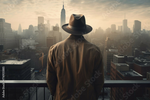 Stylish Man with Pixelated Face wearing Hat on a Rooftop
